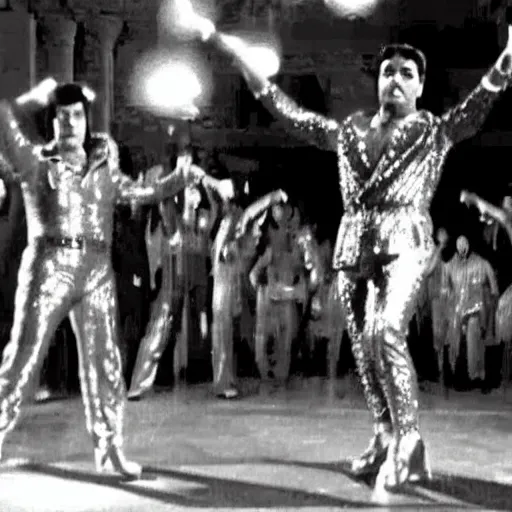 Image similar to A movie still of Mussolini wearing a disco suit in Satuday Night Fever