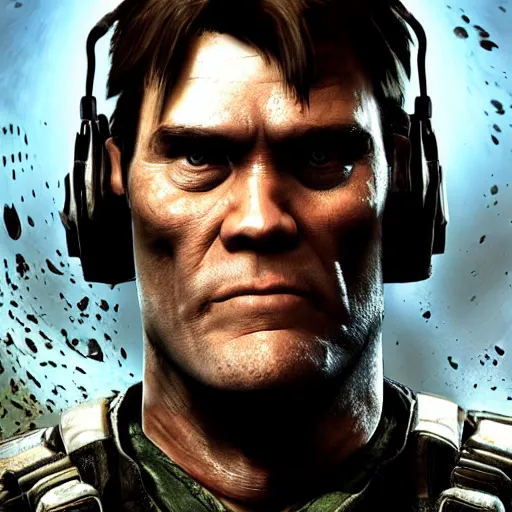 Image similar to Jim Carrey in Gears of War, high quality