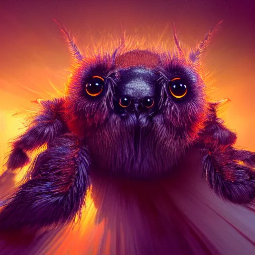 Prompt: colossal fluffy happy tarantula, golden hour, fantasy, vivid colors, sharp focus, digital art, hyper - realistic, 4 k, unreal engine, highly detailed, hd, dramatic lighting by brom, trending on artstation