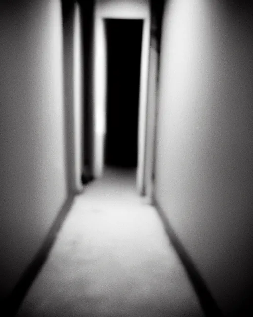 Image similar to an amateur disposable camera picture of a ghost in a hallway