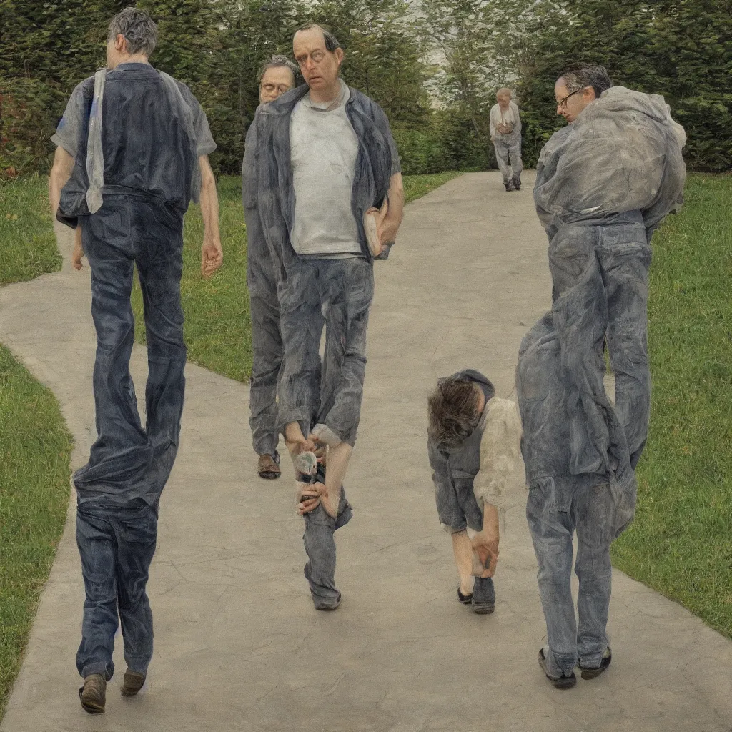 Image similar to high quality high detail painting of todd solondz walking with a friend by lucian freud and gregory crewdson, hd, photorealistic lighting