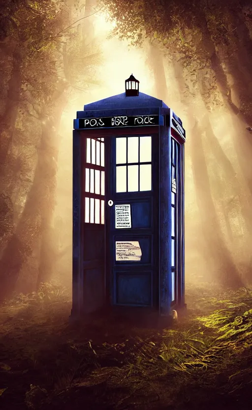 Image similar to a portrait of a tardis, in the woods, dynamic lighting, photorealistic fantasy concept art, trending on art station, stunning visuals, creative, cinematic, ultra detailed