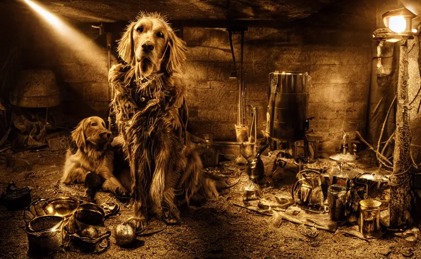 Image similar to a dirty golden retriever in a dark mine with large piles of gold nuggets and wearing a wild west hat and jacket, dim moody lighting, wooden supports, wall torches, cinematic style photograph