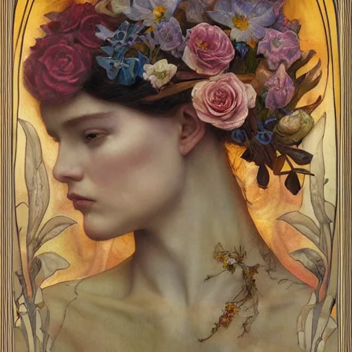 Image similar to flower queen, by annie swynnerton and tino rodriguez and charlie bowater and tom bagshaw and nicholas roerich and jean delville and evelyn de morgan and lucien freud, dramatic lighting, floral tattoos, rich colors, smooth sharp focus, extremely detailed, adolf wolfli