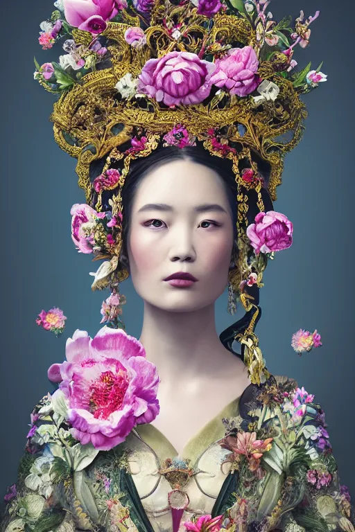 Image similar to a beautiful empress portrait, with a brilliant, impossible striking big flower headpiece, clothes entirely made out of flowers, garden backdrop, symmetrical, dramatic studio lighting, rococo, baroque, jewels, asian, hyperrealism, closeup, D&D, fantasy, intricate, elegant, highly detailed, digital painting, artstation, octane render, 8k, concept art, matte, sharp focus, illustration, art by Artgerm and Greg Rutkowski and Alphonse Mucha