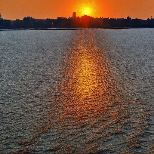 Image similar to sunrise over the dnipro river, by ivan marchuk