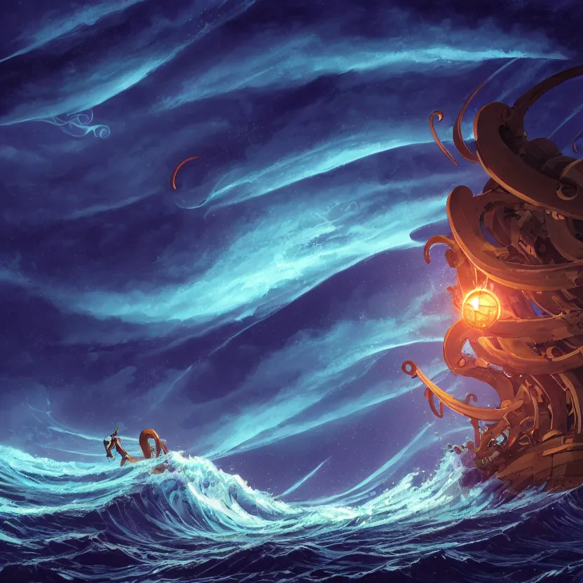 Prompt: treasure planet, kraken in stormy sea with huge waves, clouds, stars, rings, beautiful lighting, vivid colors, intricate, elegant, smooth, highly detailed digital painting, concept art, cinematic, unreal engine, wallpaper, by syd mead, terada katsuya, atey ghailan, svetlin velinov, makoto shinkai art style