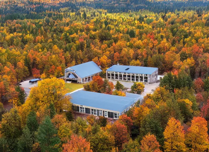 Image similar to low drone shot of a ranch style School in the middle of the Woods during autumn