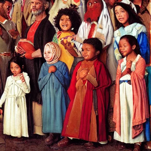 Image similar to ethnically diverse children in a church nativity play, art by normal rockwell