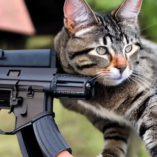 Prompt: Photo of an upright house cat with an AR15