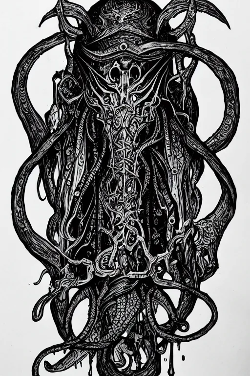 Image similar to illithid warlock, black ink on paper, trending on artstation, beautiful, intricate, detailed