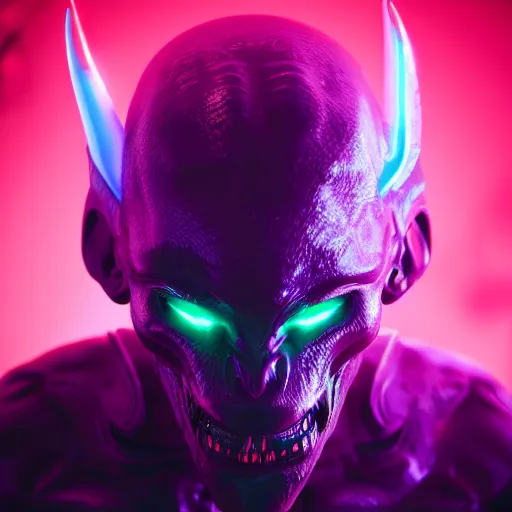 Image similar to synthwave demonic alien face with neon horns, detailed face, sharp focus, synthwave art, aesthetic, octane render, raw, cinematic