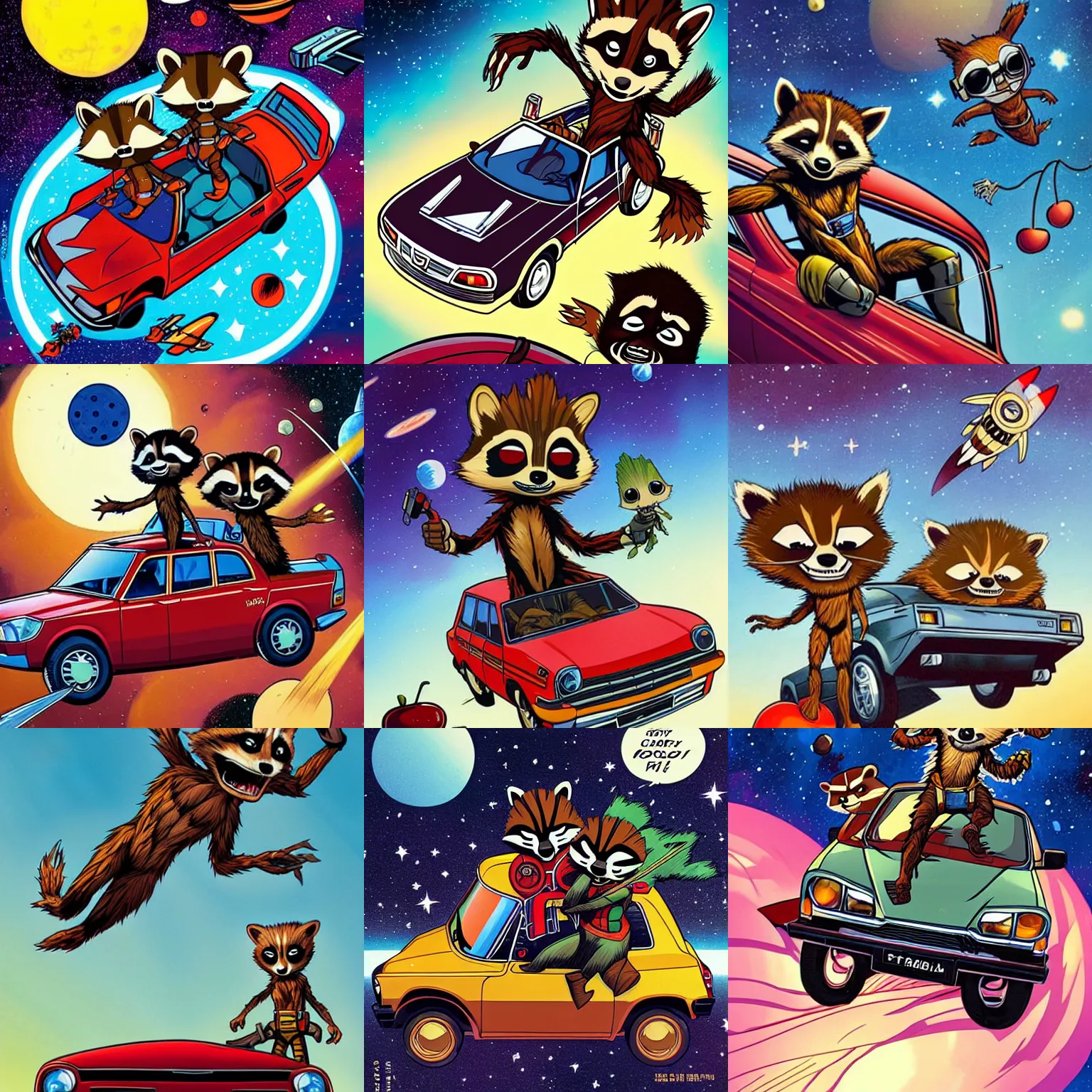 Prompt: rocket raccoon and groot fly on a cherry lada 2 1 0 7 in space