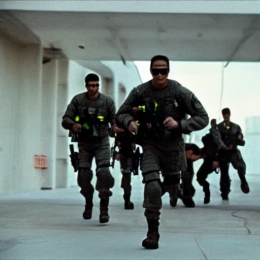 Image similar to film still of Los Angeles Future Commando Squad (1998). Villian chase scene. Sigma 85mm f/8