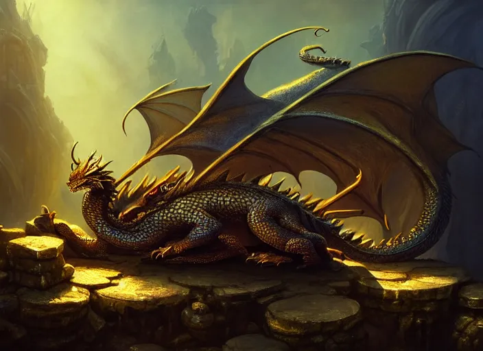 Image similar to dragon asleep on a pile of treasure, dramatic light, dungeon background, treasure, gold, jewels, treasure pile, high detail, fantasy background, painted todd lockwood, stanley lau, greg rutkowski, artgerm, digital art, trending on artstation