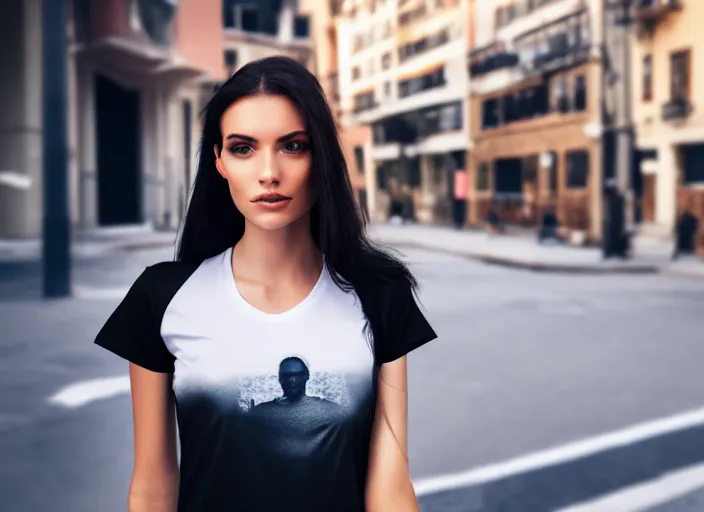 Image similar to clear photorealistic mockup product photograph of a blank black tshirt on an attractive female model in front of a lively street background