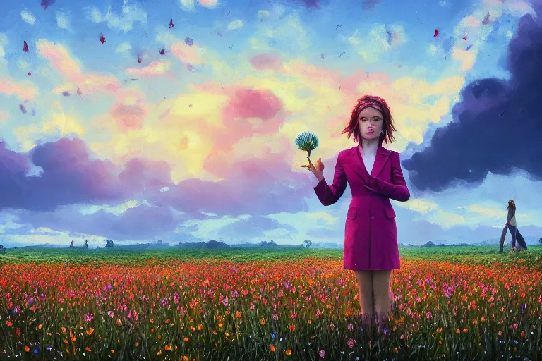 Prompt: large thistle flower head, a girl in suit in field of flowers, surreal photography, sunrise, blue sky, dramatic light, impressionist painting, digital painting, artstation, simon stalenhag