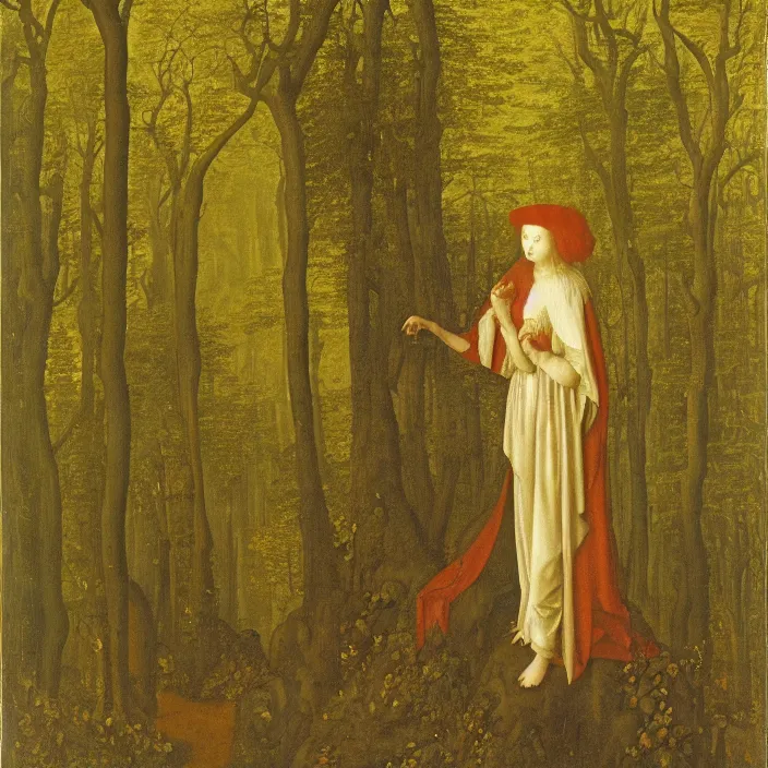 Prompt: a harpy in a foggy forest, by Jan van Eyck