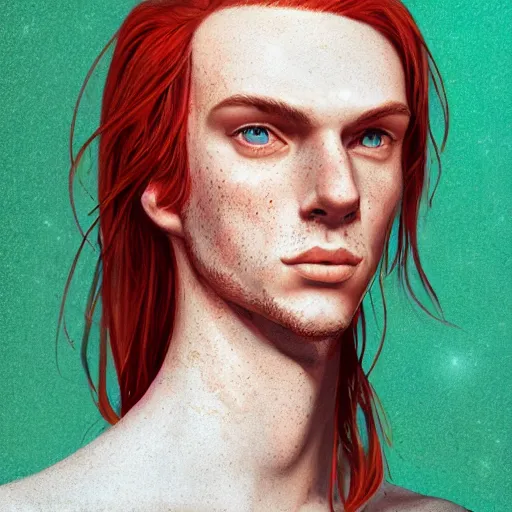 Image similar to portrait of a thin young man with long red hair, ponytail, a lot of freckles on his face, intricate, elegant, glowing lights, highly detailed, digital painting, artstation, concept art, smooth, sharp focus, illustration