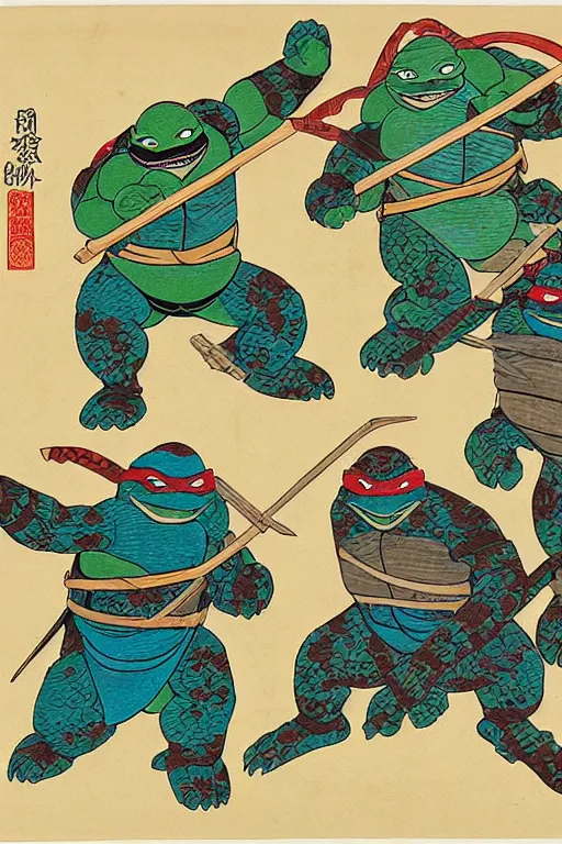 Image similar to Four Teenage Mutant Ninja Turtles, Japanese ukiyo-e ukiyo-ye woodblock print, by Moronobu