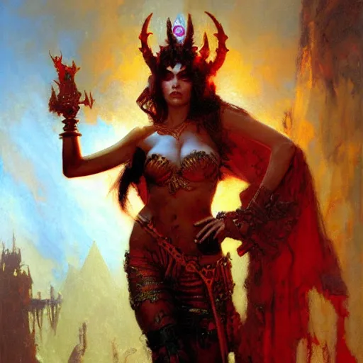 Image similar to attractive demon queen with red eyes, painting by gaston bussiere, craig mullins