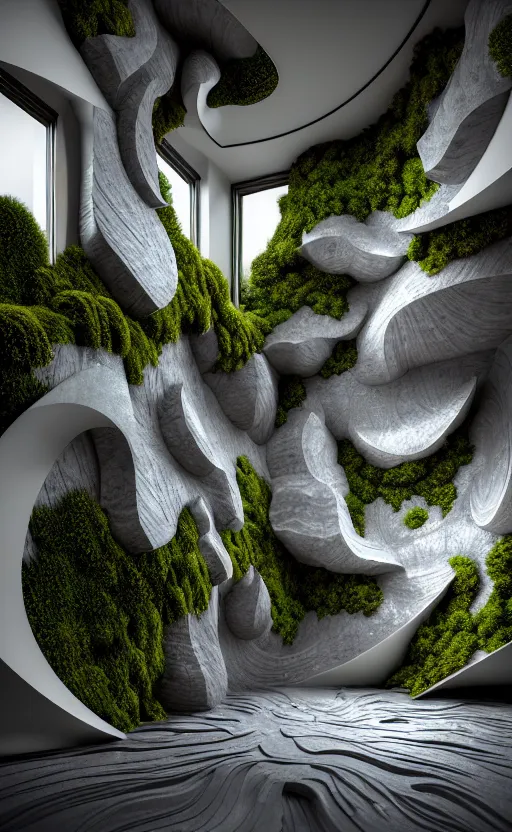 Image similar to highly detailed ultra sharp 3 d render villa interior cinematic composition of a smooth ceramic porcelain biomorphic magnolia stone nebula fluid fractal sci - fi surreal architecture landscape, granite, metallic, magnesium, marble, moss and lichen, vincent callebaut composition, mamou - mani, archviz, beautiful lighting, 8 k, unreal engine, hdr,