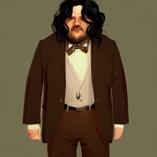 Image similar to a portrait of a short fat man with long curly black hair and a brown suit on with an American flag scarf, D&D, sci-fi, elegant, hopeful, muscular, highly detailed, digital painting, artstation, concept art, smooth, sharp focus, illustration