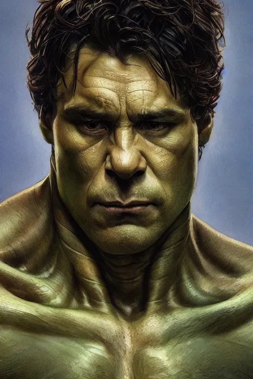 Image similar to portrait of bruce banner as a hulking herculean demon, forest, godlike, full body, fantasy, intricate, elegant, highly detailed, digital painting, artstation, concept art, sharp focus, illustration, art by artgerm and greg rutkowski and alphonse mucha