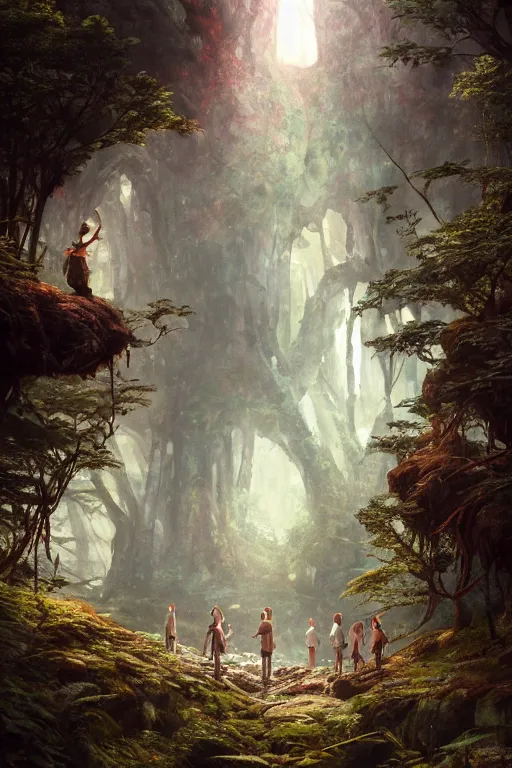 Image similar to a highly detailed matte painting of a group of young adventurers exploring elven ruins in a mystical forest, by studio ghibli, by artgerm, by wlop, by greg rutkowski, red tones, volumetric lighting, octane render, 4 k resolution, trending on artstation, masterpiece