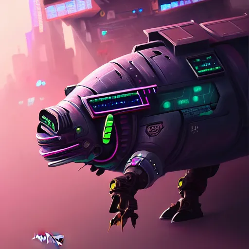 Prompt: painting of a cyberpunk flying pig, sharp focus, award - winning, trending on artstation, masterpiece, highly detailed, intricate, cartoon, anime. art by merwild and ernesto irawan and rachel denton