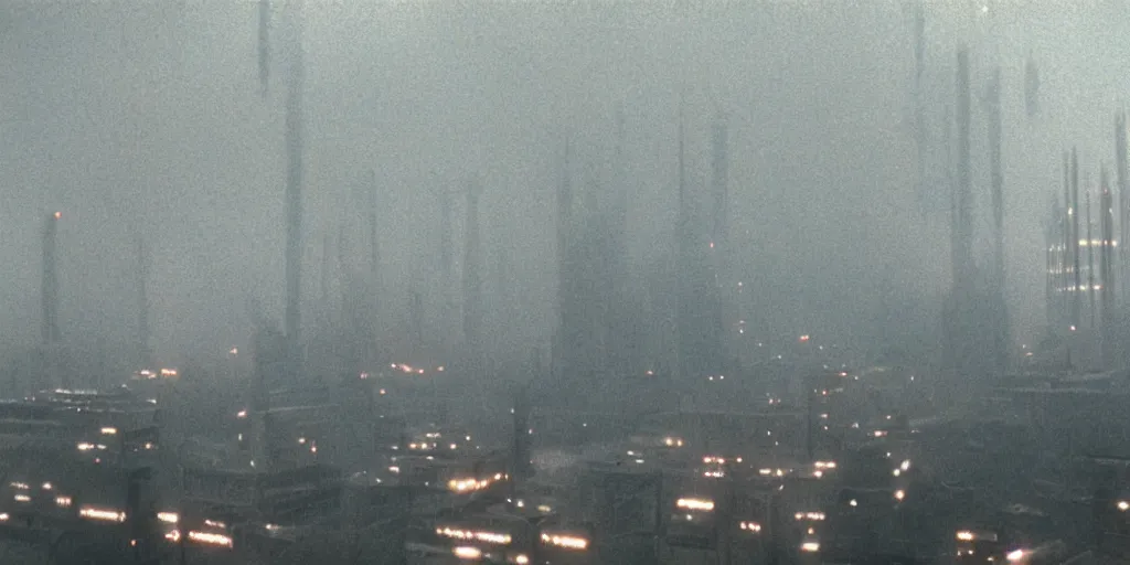 Image similar to 35mm photography film still landscape of Blade Runner 1982 city with industrial fires and smog, futuristic dystopian megacity skyline, rain falling, matte painting, cyberpunk noir, neon, sharp focus