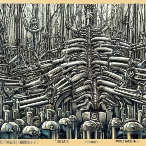 Image similar to 10000 robots fighting in forest H.R. Giger