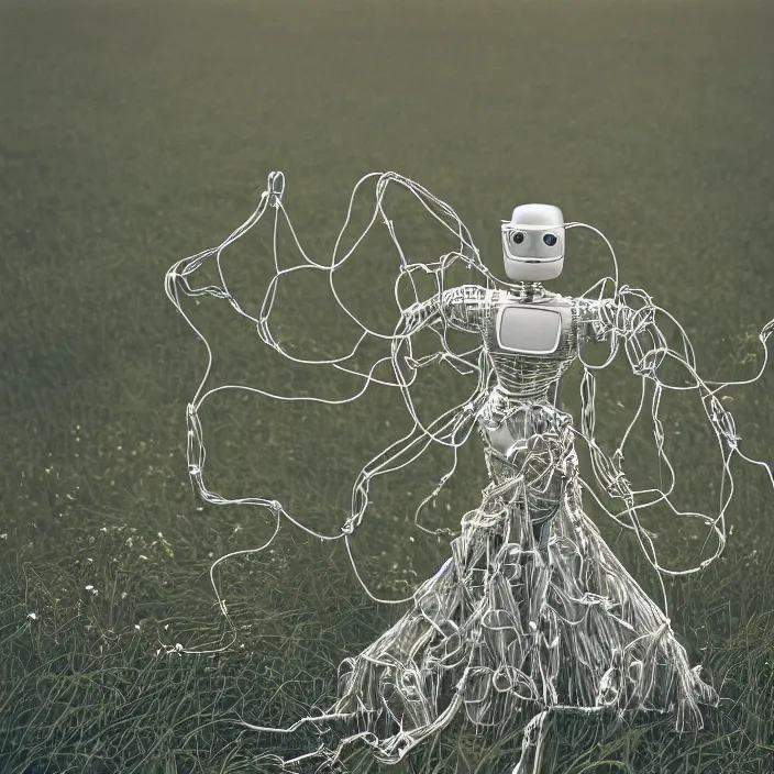 Image similar to closeup portrait of a robot wearing a cloak made of wire and lilies, in an empty field, by Annie Leibovitz and Steve McCurry, natural light, detailed face, CANON Eos C300, ƒ1.8, 35mm, 8K, medium-format print