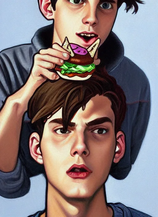 Image similar to oil painting, teenage jughead jones, wears a light grey crown, and devours a hamburger, wearing a light grey crown, intricate, elegant, closed eyes, highly detailed, pinocchio nose, lighting, painting, artstation, smooth, illustration, art by greg rutowski and alphonse mucha