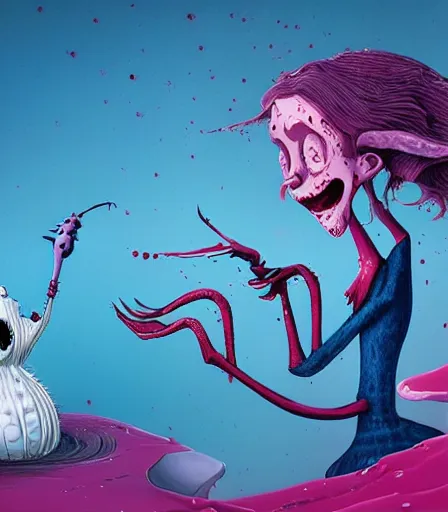 Image similar to Tim Burton style Freezing by Alex Pardee and Nekro and Petros Afshar, and James McDermott,unstirred paint, vivid color, cgsociety 4K