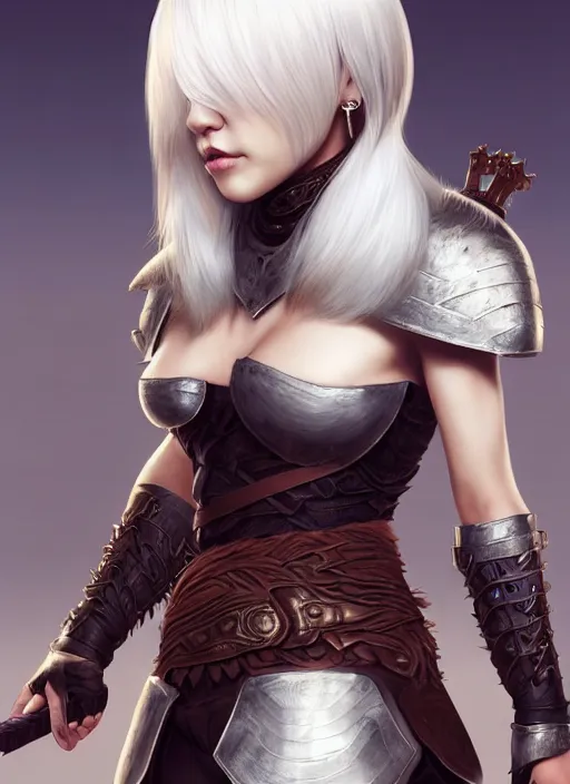 Image similar to warrior, fur leather armor!!! beautiful and elegant white hair female!! gorgeous ayes!! character concept art, sharp focus, octane render! unreal engine 5! highly rendered!! trending on artstation!! detailed linework!! illustration by artgerm, wlop, and chie yoshii