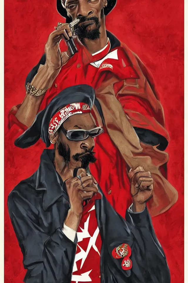 Prompt: an epic socialist realism poster of communist snoop dogg in a red beret smoking a blunt for the proletariat