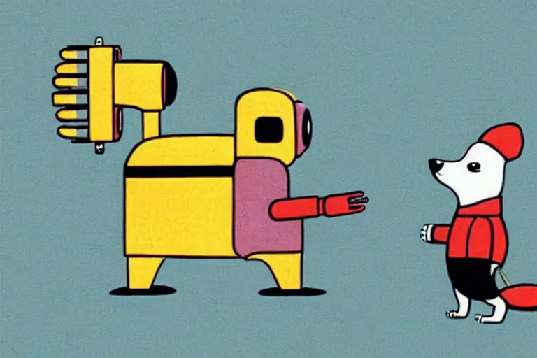 Image similar to ( ( ( ( ( ( ( a robot and a dog ) ) ) ) ) ) ) by richard scarry!!!!!!!!!!!!!! muted colors