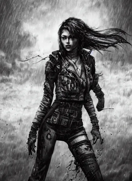 Prompt: Wasteland survivor girl dancing in the acid rain, dramatic lighting, cinematic, establishing shot, extremely high detail, foto realistic, cinematic lighting, pen and ink, intricate line drawings, by Yoshitaka Amano, Ruan Jia, Kentaro Miura, Artgerm, post processed, concept art, artstation,