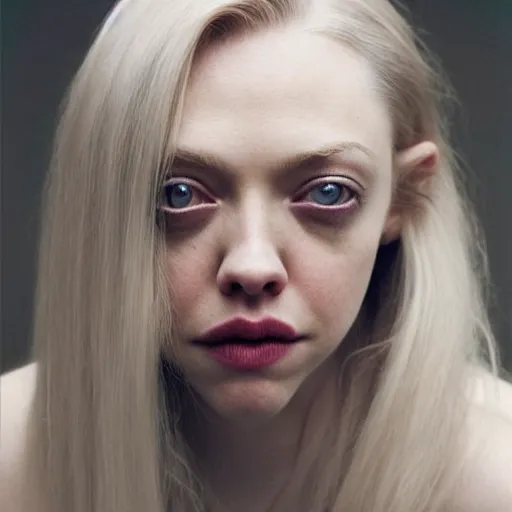 Prompt: portrait photo of amanda seyfried, full platinum blond, pale skin, by kyle thompson, realistic, high detail, high quality, trending on pinteresst