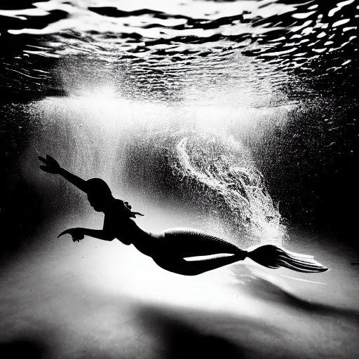 Prompt: black and white photograph of a beautiful mermaid swimming underwater, hyperdetailed, 4 k,