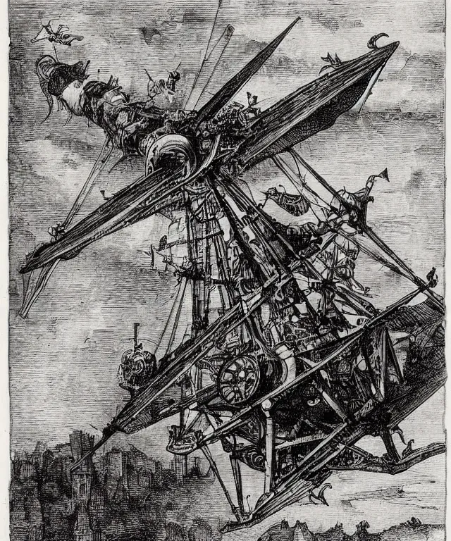 Prompt: drawing of a flying machine from the year 1 6 0 0 by albrecht durer, gustave dore, ian miller, highly detailed, storybook illustration, lithograph engraving