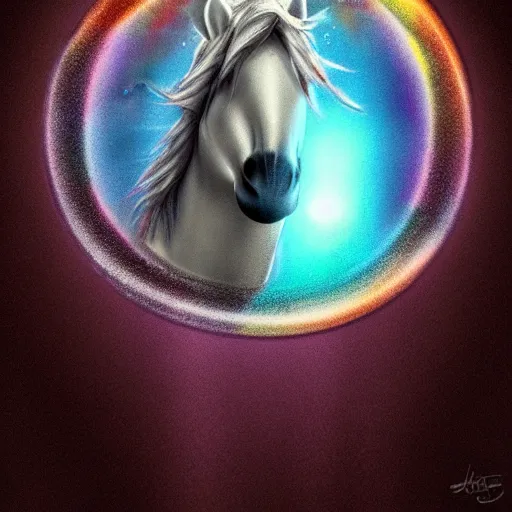 Prompt: A unicorn in the shape of a bubble floating in the air, portrait, mystical fantasy, concept art