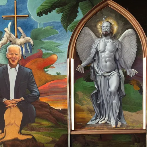 Image similar to a church mural depicting joe biden as a god, 4 k, highly detailed, painted by michelangelo