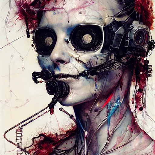 Image similar to a female cyberpunk hacker, skulls wires cybernetic implants, in the style of adrian ghenie esao andrews jenny saville surrealism dark art by james jean takato yamamoto and by ashley wood