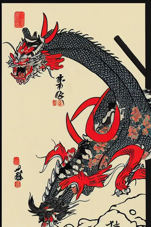 Image similar to samurai dragon in ukiyo-e style print