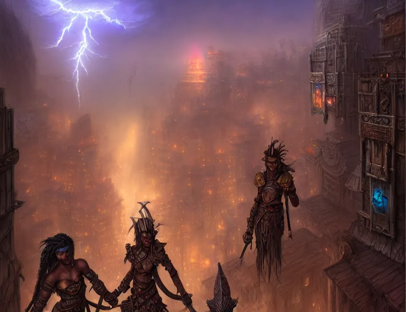 Prompt: you and a tana'ri warrior standing together on the balcony of the planescape city named sigil, crowded street below, beautiful digital painting in the style of wlop, volumetric lightning, intricate details, ultra realistic, by art germ, by gerald brom, fantasypunk, deep colors, amazing d & d art, trending cgsociety, artstation, sharp