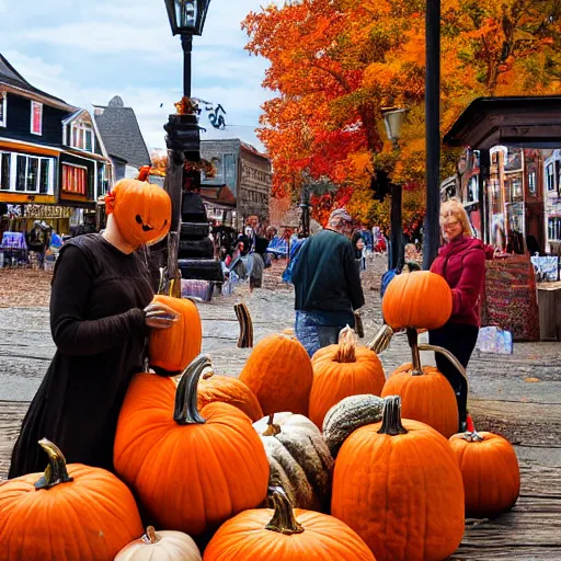 Prompt: pumpkin headed people selling goods at a market in a vermont town square, fall foliage, cobblestone streets, new england colonial buildings, intricate details, sharp focus, digital art, hyper realistic, 4 k, unreal engine, highly detailed, hd, dramatic lighting by brom, based on over the garden wall pottsfield, trending on artstation