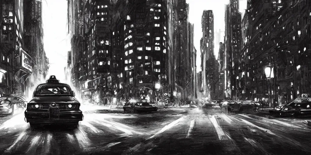 Image similar to cartoonish taxi through the streets of chicago, night time, dramatic lighting, german expresionism, noir film, character sheet, fine details, concept design, high contrast, anthrophomorfic animals, kim jung gi, greg rutkowski, trending on artstation, 8 k, full body, turnaround, front view, back view, ultra wide angle