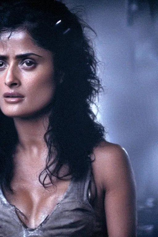 Image similar to film still of salma hayek in the movie Alien, captured in a creamy alien substance, scary, cinematic shot, 4k.